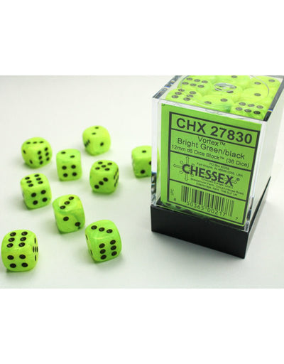 Chessex D6 Vortex 16mm d6 Bright Green/black Dice Block (12 Dice) - 601982025311 - VR - The Little Lost Bookshop