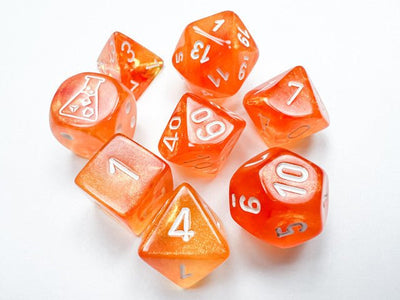 Chessex D7-Die Set Borealis Polyhedral Blood Orange/white Luminary 7-Die Set (with bonus die) - 601982038472 - VR - The Little Lost Bookshop