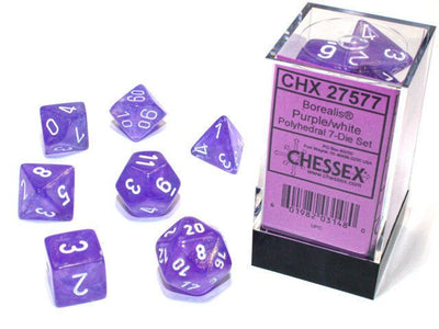 Chessex D7-Die Set Borealis Polyhedral Purple/white Luminary 7-Die Set - 601982031480 - VR - The Little Lost Bookshop