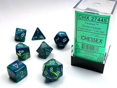 Chessex D7-Die Set Festive Polyhedral Green/silver 7-Die Set - 601982024833 - VR - The Little Lost Bookshop