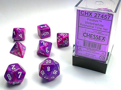 Chessex D7-Die Set Festive Polyhedral Violet/white 7-Die Set - 601982024895 - VR - The Little Lost Bookshop