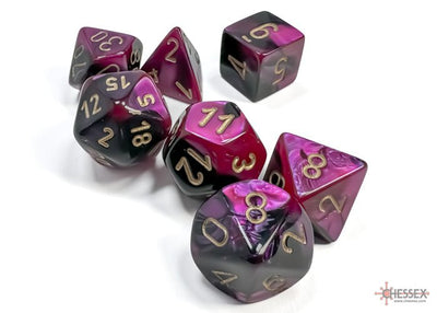 Chessex D7 - Die Set Gemini Black - Purple/Gold Polythedral - 713145606593 - Dice - Chessex - The Little Lost Bookshop