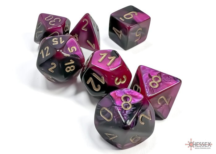 Chessex D7 - Die Set Gemini Black - Purple/Gold Polythedral - 713145606593 - Dice - Chessex - The Little Lost Bookshop