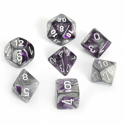 Chessex D7-Die Set Gemini Polyhedral Purple Steel/White - 601982022945 - VR - The Little Lost Bookshop