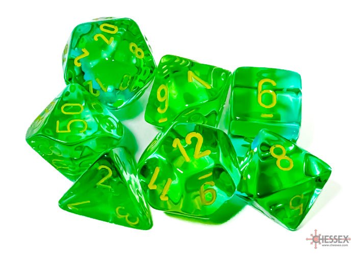 Chessex D7 - Die Set Gemini translucent grean - Teal/yellow - 601982034610 - Dice - Chessex - The Little Lost Bookshop