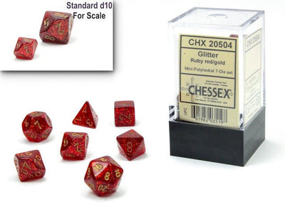 Chessex D7-Die Set Glitter Mini-Polyhedral Ruby Red/gold - 601982035198 - VR - The Little Lost Bookshop