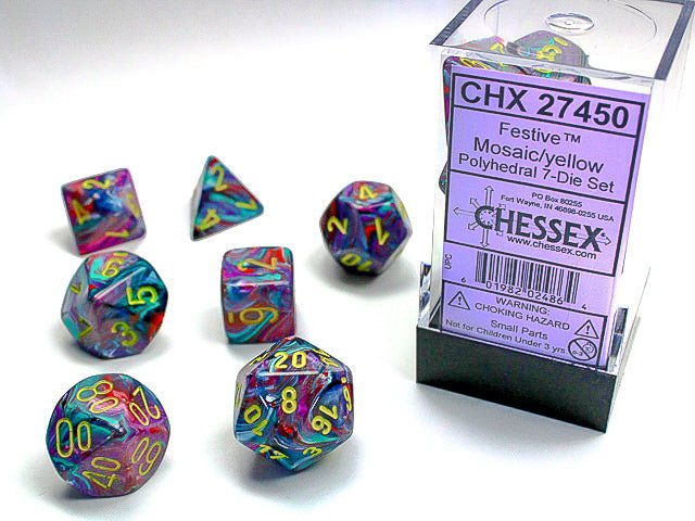Chessex Festive Mosaic/Yellow 7 Die Set - 601982024864 - Board Games - The Little Lost Bookshop