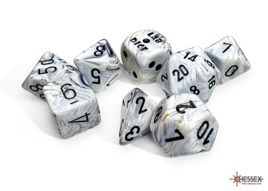 Marble Calcite/blue Polyhedral 7 - Dice Set (with bonus die) - 601982045456 - The Little Lost Bookshop - The Little Lost Bookshop