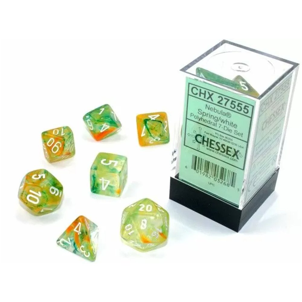 Chessex Nebula Polyhedral Spring/White Luminary 7 Die Set - 601982032685 - Board Games - The Little Lost Bookshop