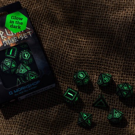 Q Workshop Runic Black & Glow-In-The-Dark Dice Set 7 - 5907699492435 - Dice - Q Workshop - The Little Lost Bookshop