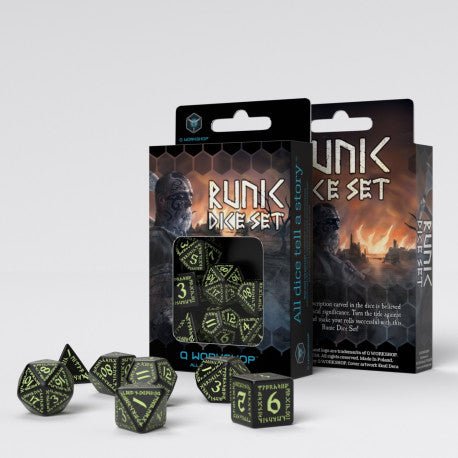 Q Workshop Runic Black & Glow-In-The-Dark Dice Set 7 - 5907699492435 - Dice - Q Workshop - The Little Lost Bookshop