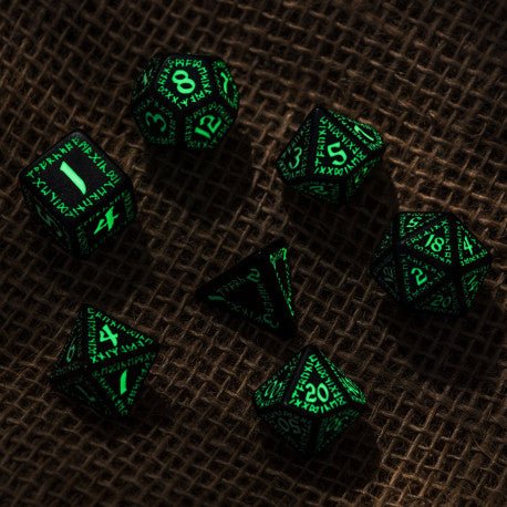 Q Workshop Runic Black & Glow-In-The-Dark Dice Set 7 - 5907699492435 - Dice - Q Workshop - The Little Lost Bookshop
